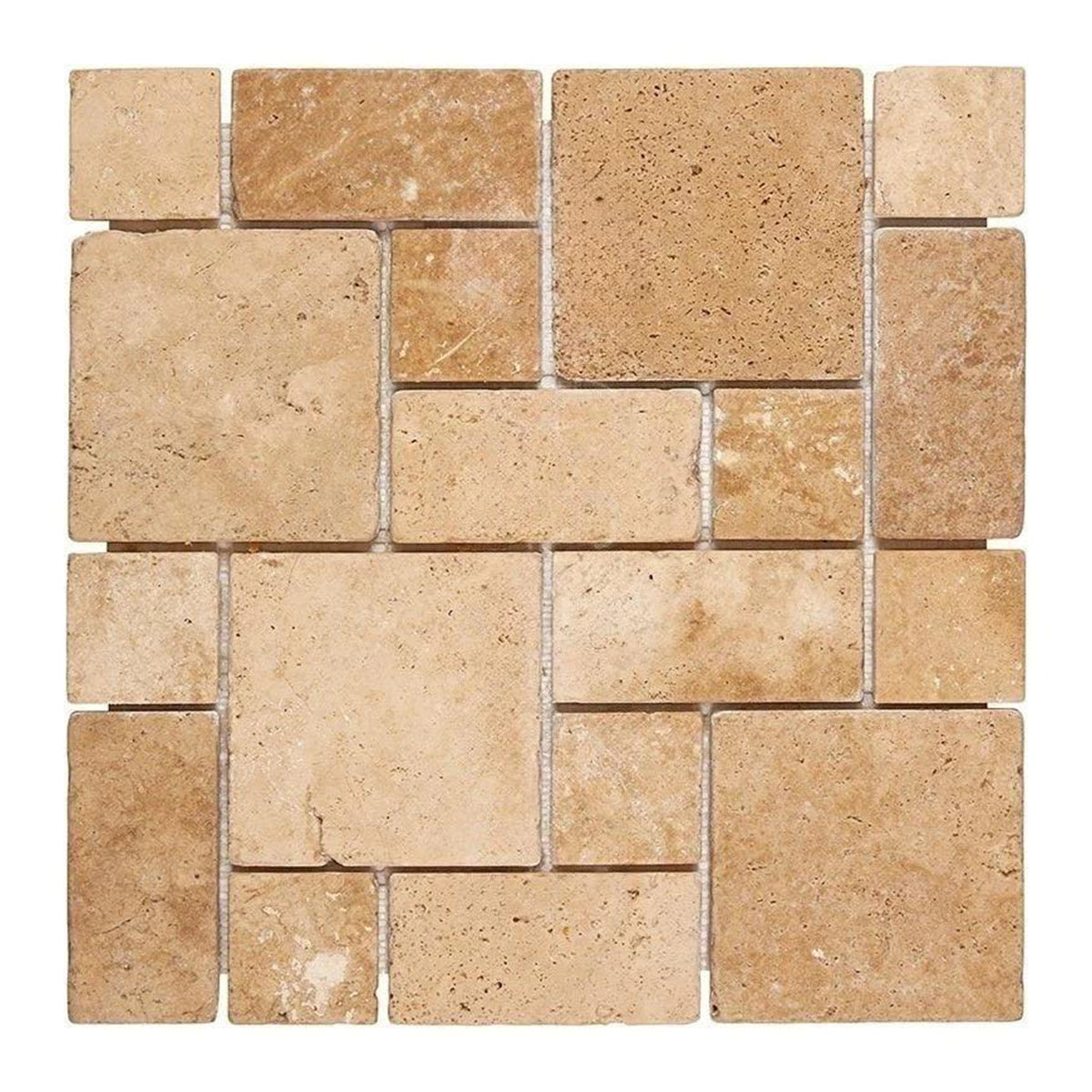Walnut Travertine 3-Pieced Mini-Pattern Tumbled Mosaic Tile