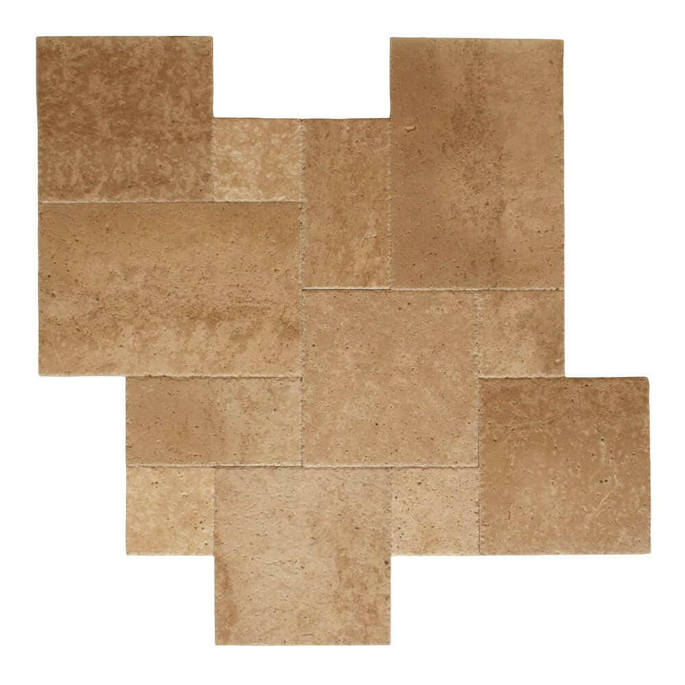 Walnut Travertine Unfilled, Brushed & Chiseled French Pattern Tile Walnut Travertine Unfilled, Brushed & Chiseled French Pattern Tile - American Tile Depot