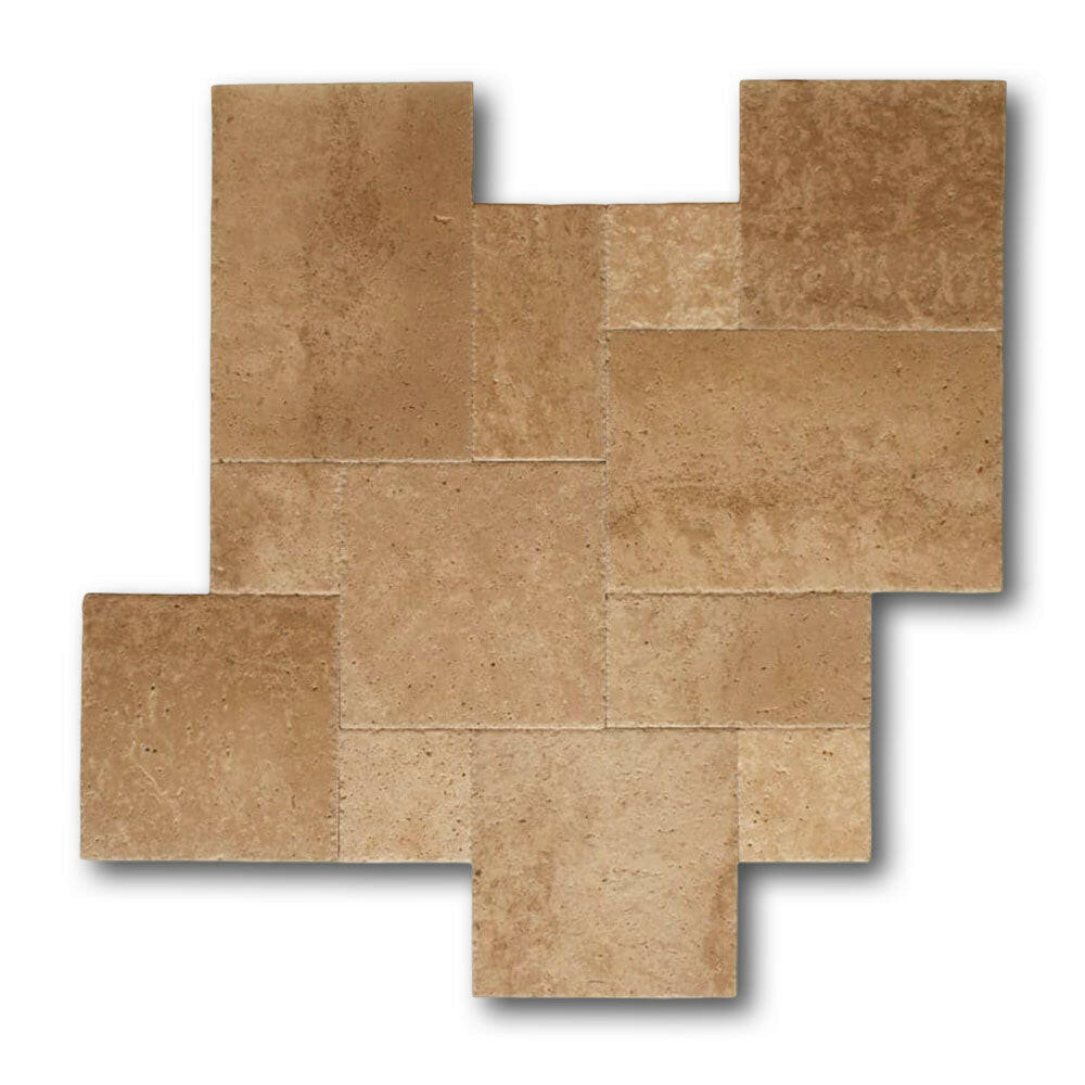 Walnut Travertine Unfilled, Brushed & Chiseled French Pattern Tile Walnut Travertine Unfilled, Brushed & Chiseled French Pattern Tile - American Tile Depot