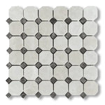 White Pearl / Botticino Marble Polished Octagon Mosaic Tile w/ Emperador Dark Dots - American Tile Depot