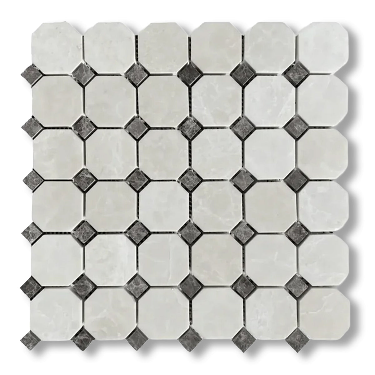 White Pearl / Botticino Marble Polished Octagon Mosaic Tile w/ Emperador Dark Dots - American Tile Depot