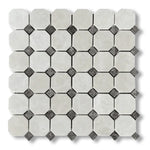 White Pearl / Botticino Marble Polished Octagon Mosaic Tile w/ Emperador Dark Dots - American Tile Depot