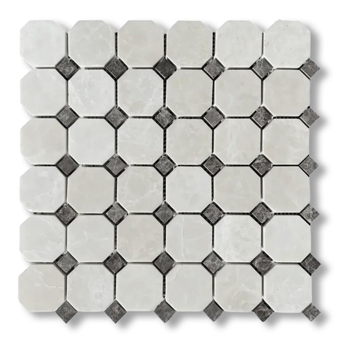 White Pearl / Botticino Marble Polished Octagon Mosaic Tile w/ Emperador Dark Dots - American Tile Depot