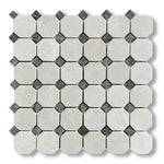 White Pearl / Botticino Marble Polished Octagon Mosaic Tile w/ Emperador Dark Dots - American Tile Depot