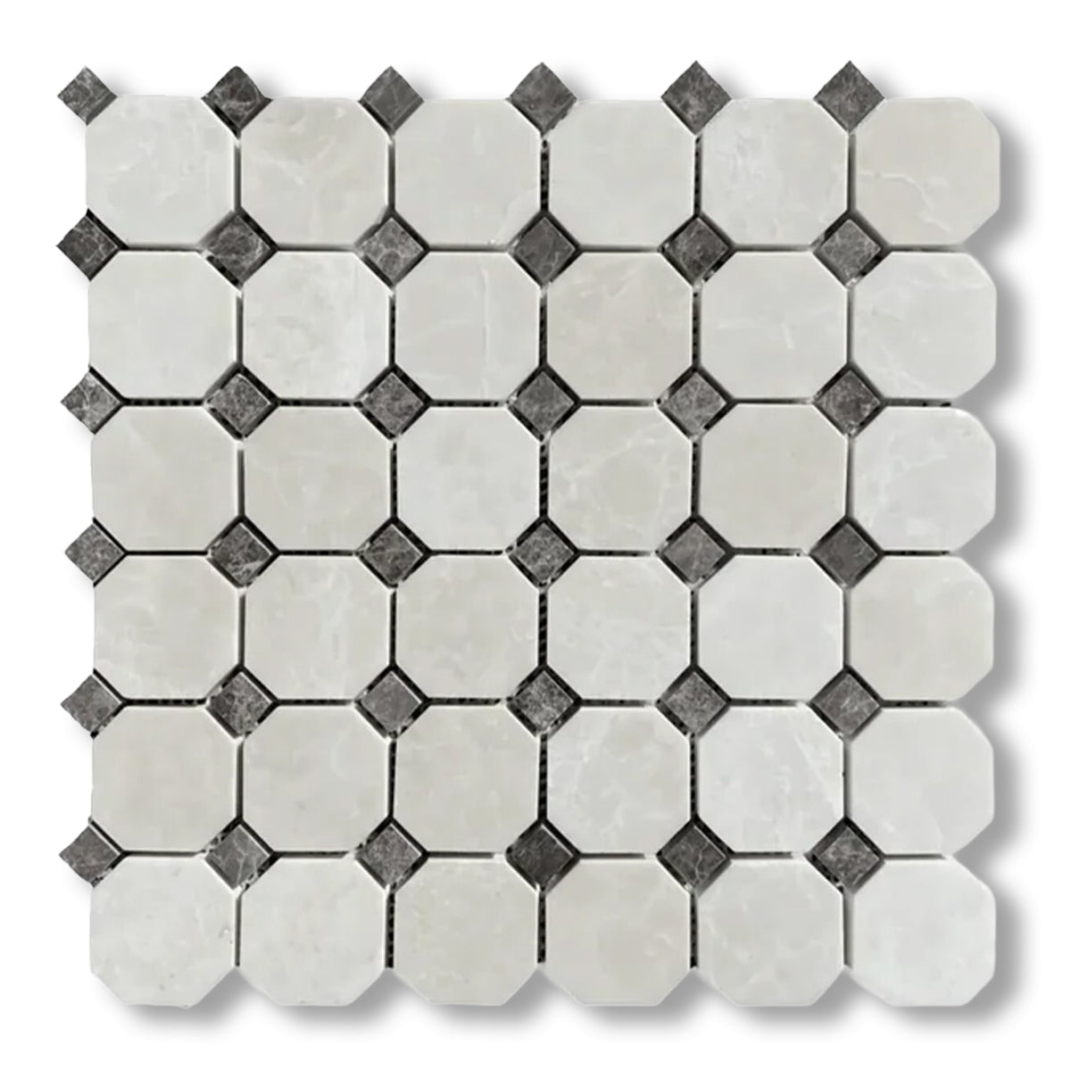 White Pearl / Botticino Marble Polished Octagon Mosaic Tile w/ Emperador Dark Dots - American Tile Depot