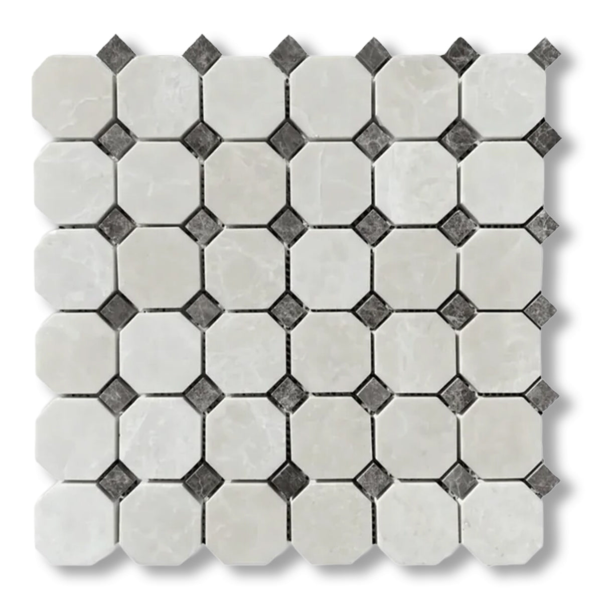 White Pearl / Botticino Marble Polished Octagon Mosaic Tile w/ Emperador Dark Dots - American Tile Depot