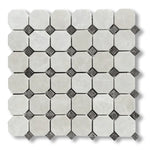 White Pearl / Botticino Marble Polished Octagon Mosaic Tile w/ Emperador Dark Dots - American Tile Depot