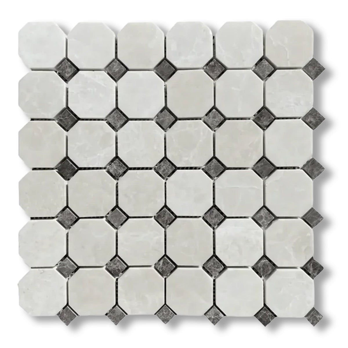 White Pearl / Botticino Marble Polished Octagon Mosaic Tile w/ Emperador Dark Dots - American Tile Depot