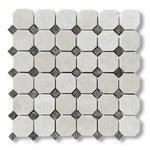 White Pearl / Botticino Marble Polished Octagon Mosaic Tile w/ Emperador Dark Dots - American Tile Depot