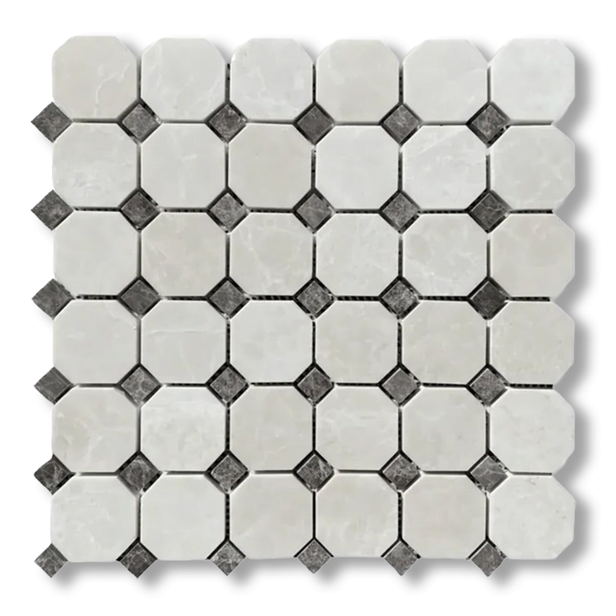 White Pearl / Botticino Marble Polished Octagon Mosaic Tile w/ Emperador Dark Dots - American Tile Depot