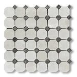 White Pearl / Botticino Marble Polished Octagon Mosaic Tile w/ Emperador Dark Dots - American Tile Depot