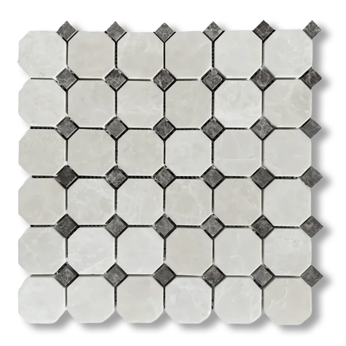 White Pearl / Botticino Marble Polished Octagon Mosaic Tile w/ Emperador Dark Dots - American Tile Depot