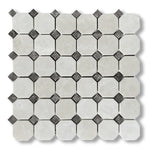 White Pearl / Botticino Marble Polished Octagon Mosaic Tile w/ Emperador Dark Dots - American Tile Depot
