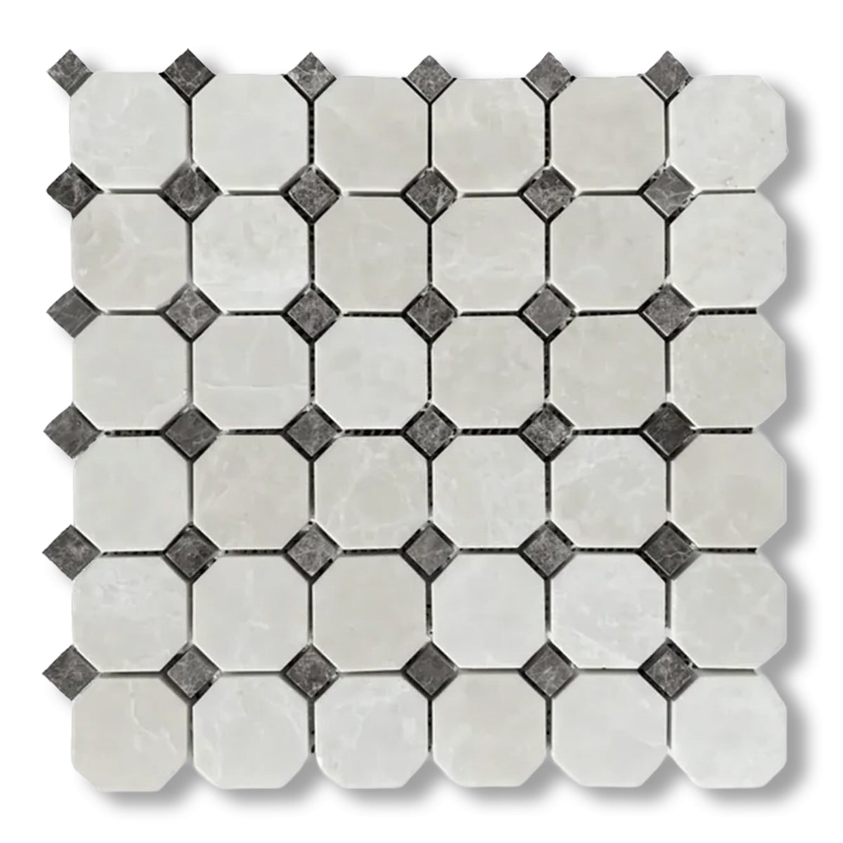 White Pearl / Botticino Marble Polished Octagon Mosaic Tile w/ Emperador Dark Dots - American Tile Depot