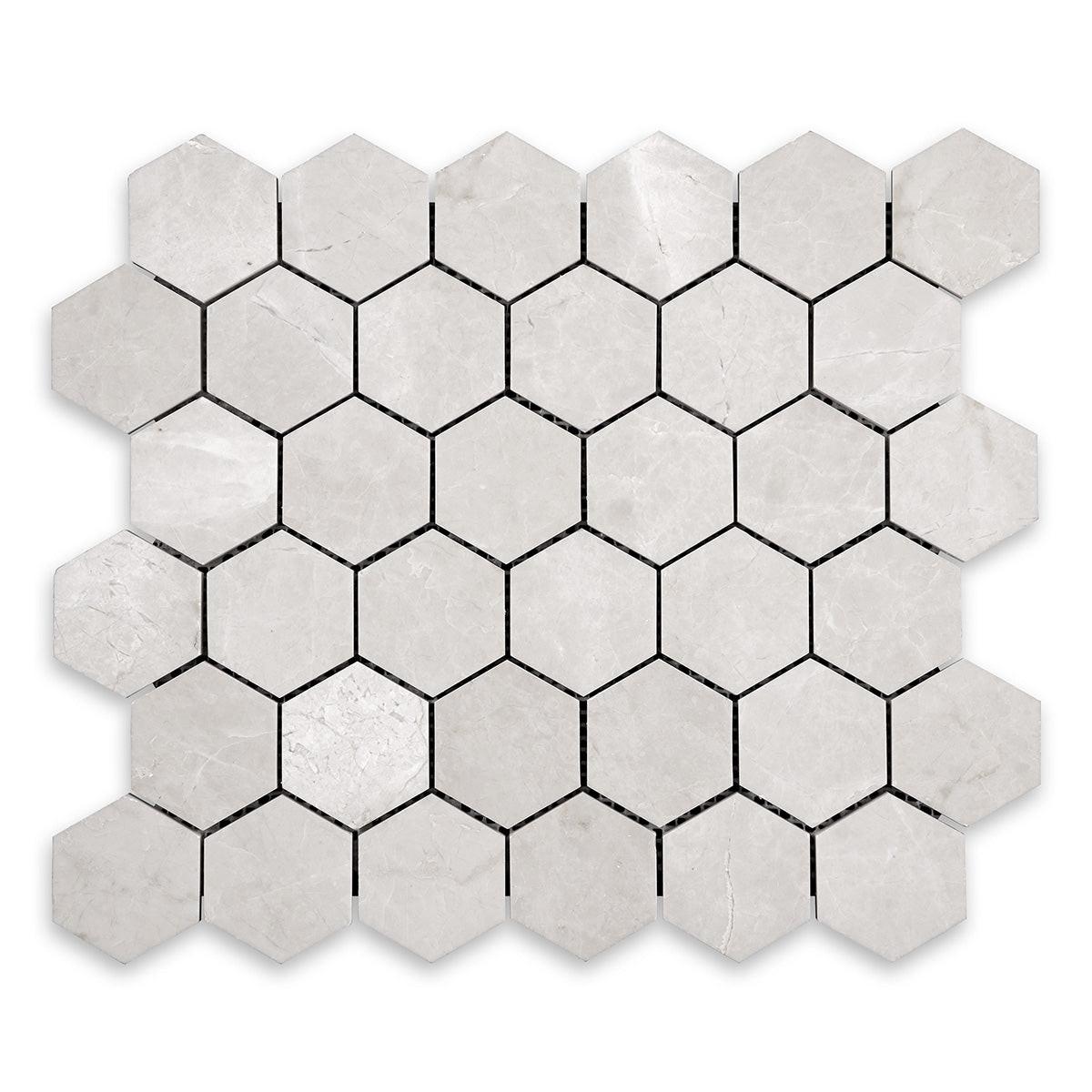 White Pearl / Botticino Marble Polished 2" Hexagon Mosaic Tile White Pearl / Botticino Marble Polished 2" Hexagon Mosaic Tile - American Tile Depot