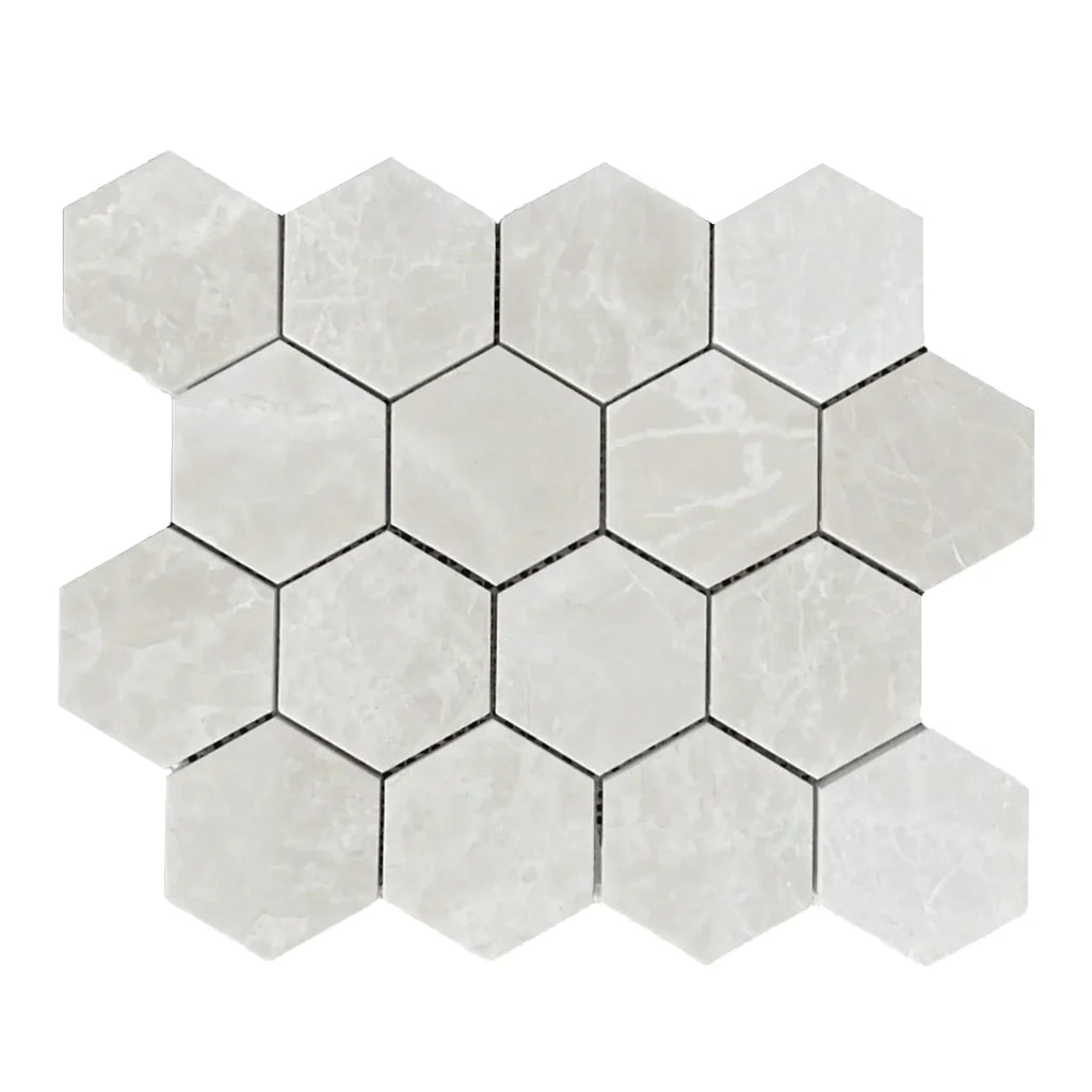 White Pearl / Botticino Marble Polished 3" Hexagon Mosaic Tile White Pearl / Botticino Marble Polished 3" Hexagon Mosaic Tile - American Tile Depot