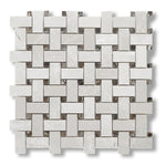White Pearl / Botticino Marble Polished Basketweave Mosaic Tile w/ Emperador Dark Dots - American Tile Depot