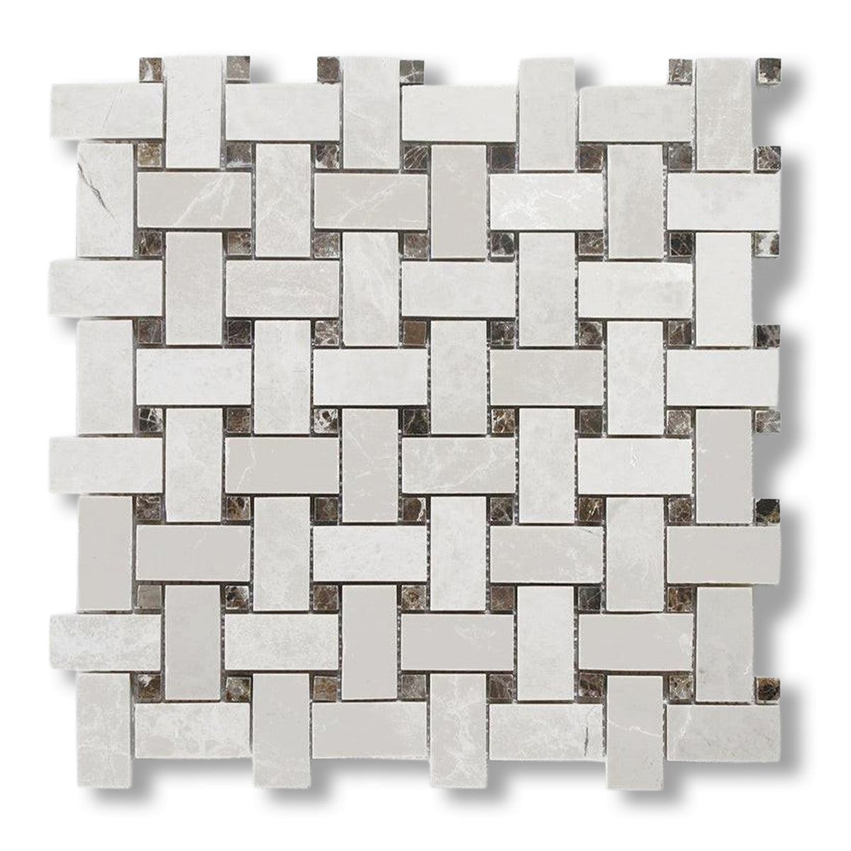 White Pearl / Botticino Marble Polished Basketweave Mosaic Tile w/ Emperador Dark Dots