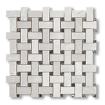 White Pearl / Botticino Marble Polished Basketweave Mosaic Tile w/ Emperador Dark Dots - American Tile Depot