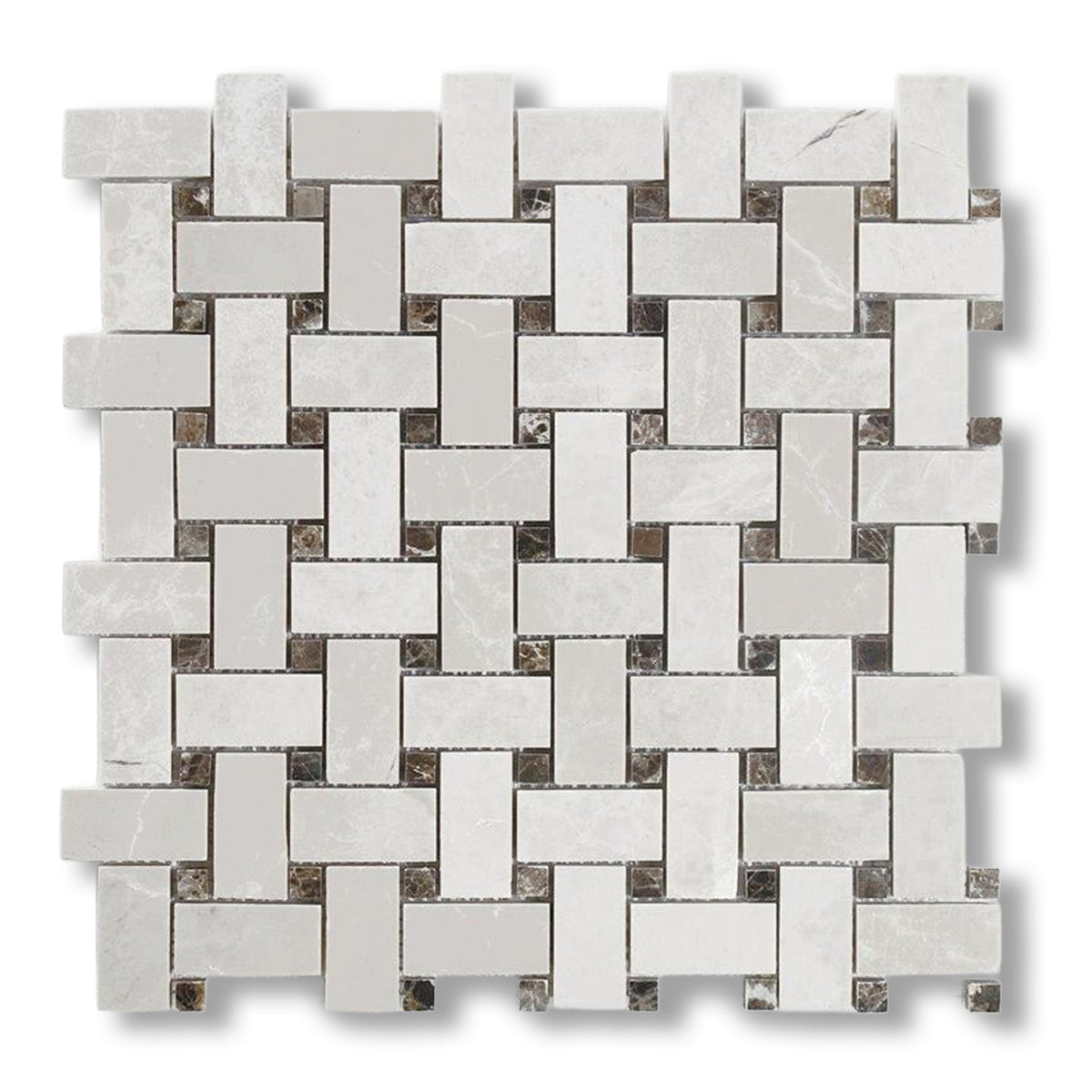 White Pearl / Botticino Marble Polished Basketweave Mosaic Tile w/ Emperador Dark Dots - American Tile Depot