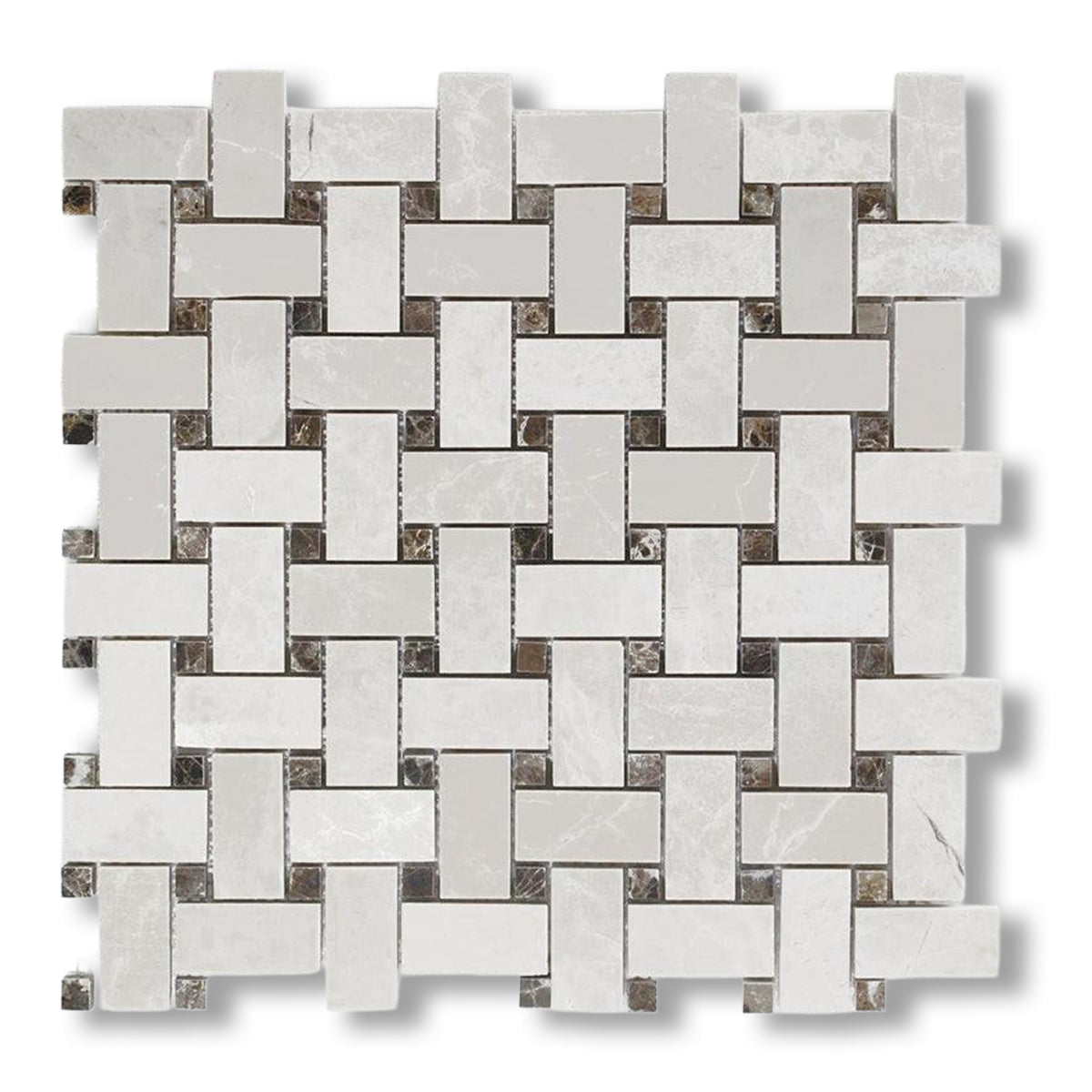White Pearl / Botticino Marble Polished Basketweave Mosaic Tile w/ Emperador Dark Dots - American Tile Depot