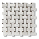 White Pearl / Botticino Marble Polished Basketweave Mosaic Tile w/ Emperador Dark Dots - American Tile Depot