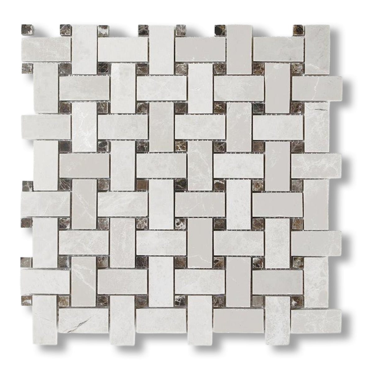 White Pearl / Botticino Marble Polished Basketweave Mosaic Tile w/ Emperador Dark Dots - American Tile Depot