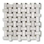 White Pearl / Botticino Marble Polished Basketweave Mosaic Tile w/ Emperador Dark Dots - American Tile Depot