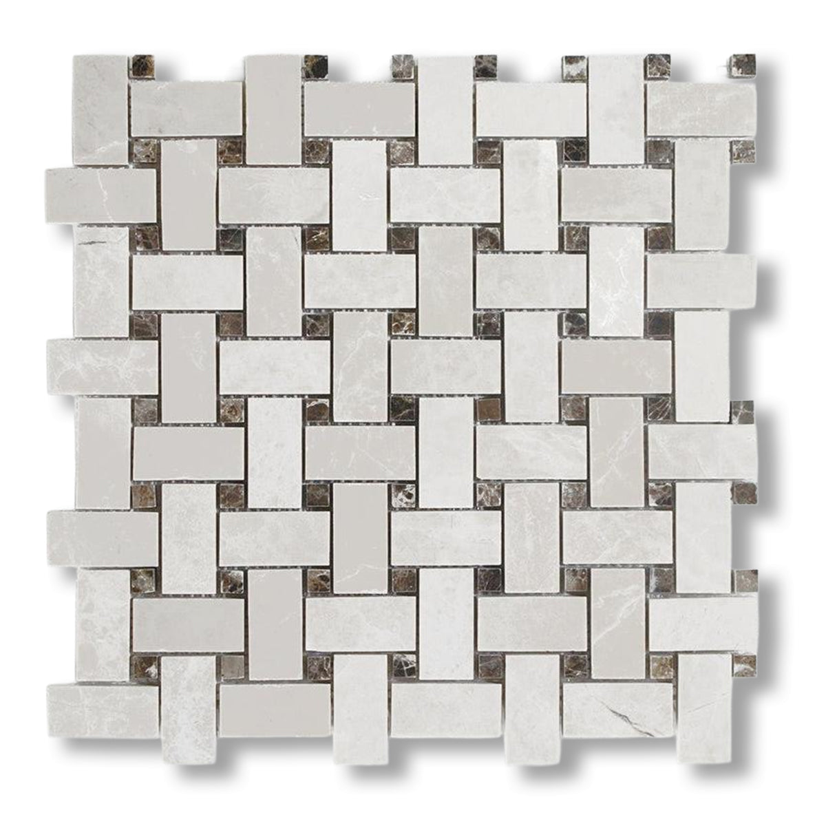 White Pearl / Botticino Marble Polished Basketweave Mosaic Tile w/ Emperador Dark Dots - American Tile Depot