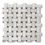 White Pearl / Botticino Marble Polished Basketweave Mosaic Tile w/ Emperador Dark Dots - American Tile Depot