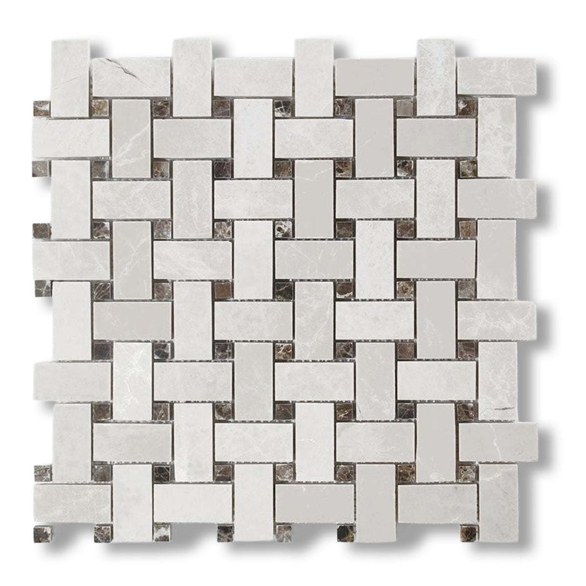 White Pearl / Botticino Marble Polished Basketweave Mosaic Tile w/ Emperador Dark Dots - American Tile Depot