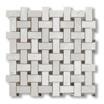 White Pearl / Botticino Marble Polished Basketweave Mosaic Tile w/ Emperador Dark Dots - American Tile Depot