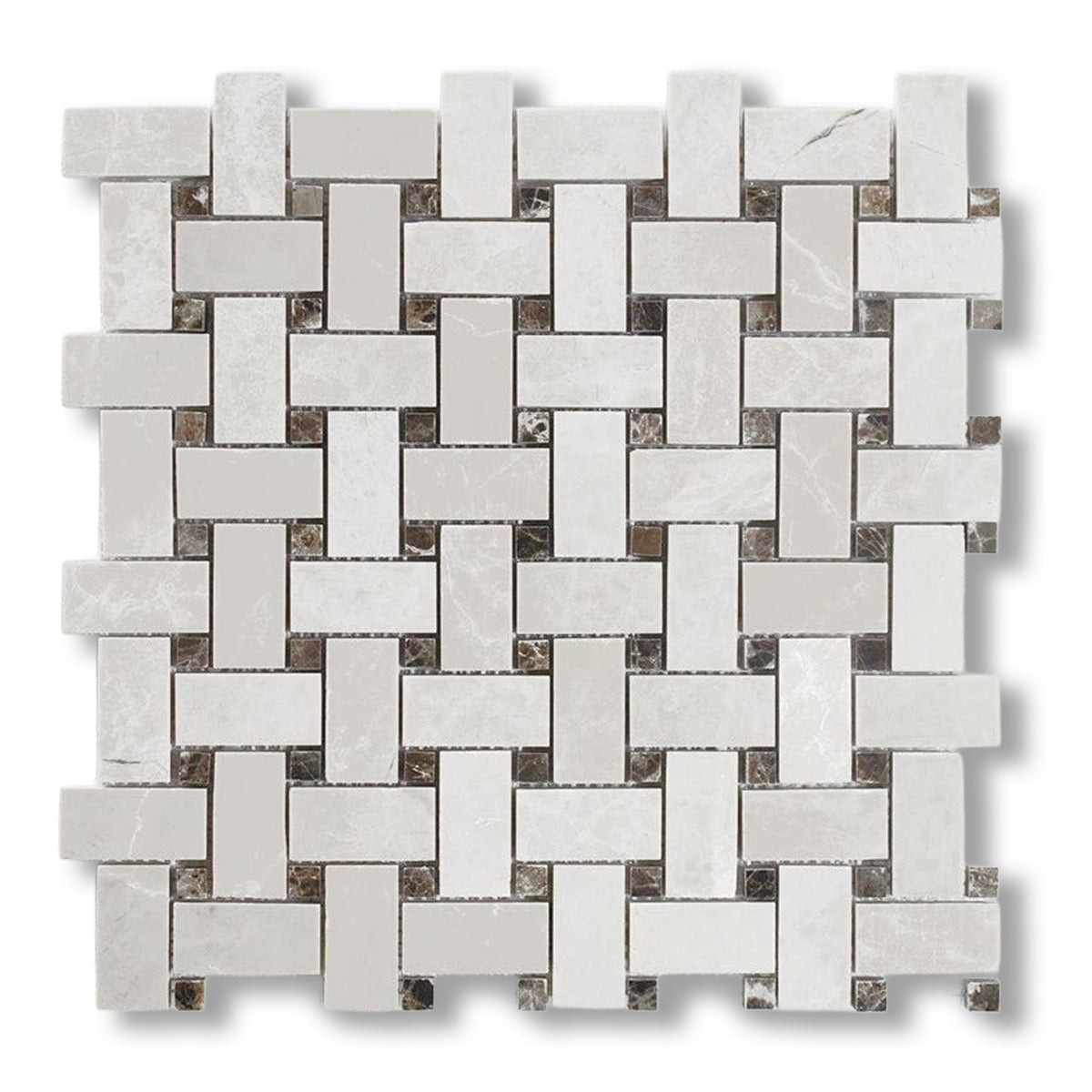 White Pearl / Botticino Marble Polished Basketweave Mosaic Tile w/ Emperador Dark Dots