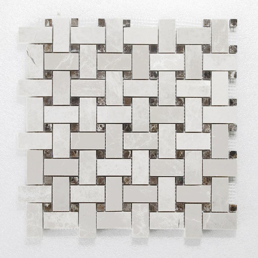 White Pearl / Botticino Marble Polished Basketweave Mosaic Tile w/ Emperador Dark Dots White Pearl / Botticino Marble Polished Basketweave Mosaic Tile w/ Emperador Dark Dots - American Tile Depot