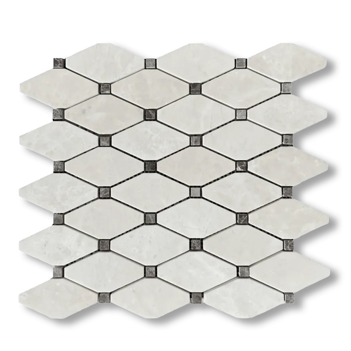 White Pearl / Botticino Marble Polished Octave Mosaic Tile w/ Emperador Dark Dots - American Tile Depot