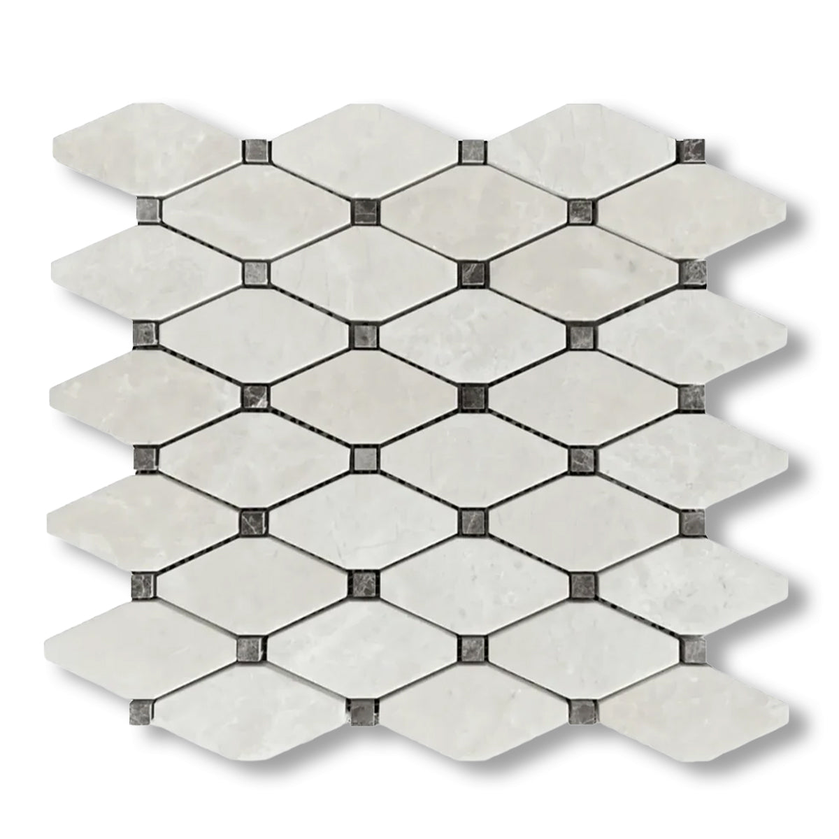 White Pearl / Botticino Marble Polished Octave Mosaic Tile w/ Emperador Dark Dots - American Tile Depot