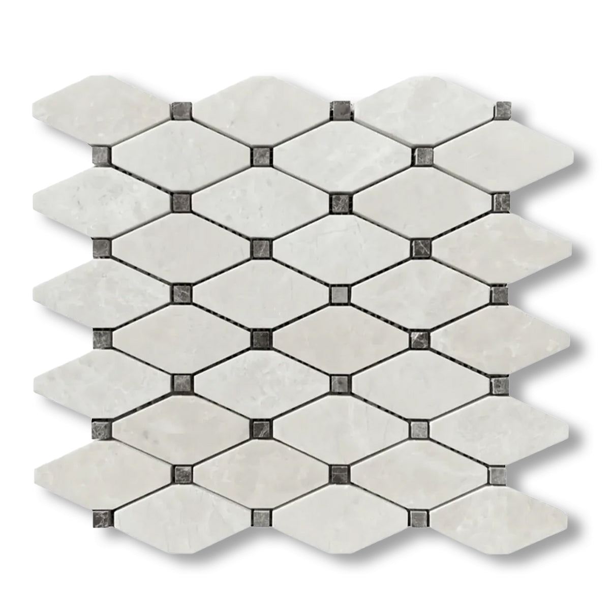 White Pearl / Botticino Marble Polished Octave Mosaic Tile w/ Emperador Dark Dots - American Tile Depot