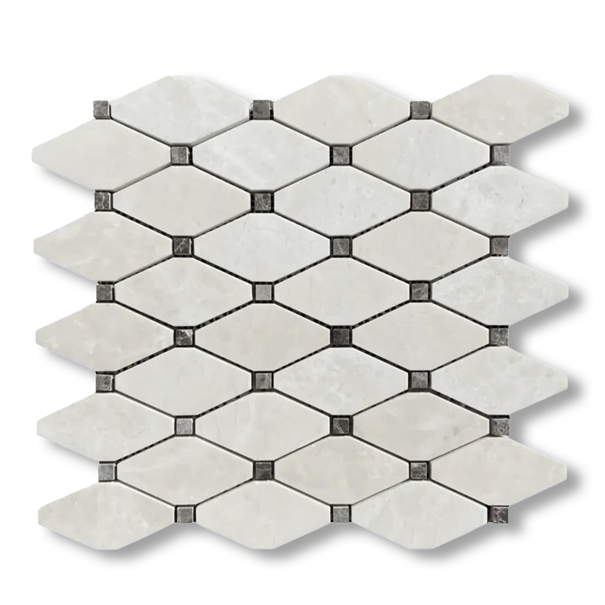 White Pearl / Botticino Marble Polished Octave Mosaic Tile w/ Emperador Dark Dots - American Tile Depot