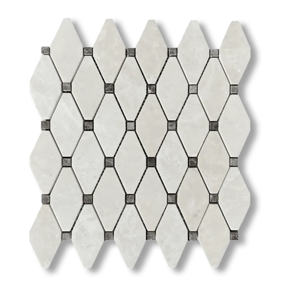 White Pearl / Botticino Marble Polished Octave Mosaic Tile w/ Emperador Dark Dots - American Tile Depot
