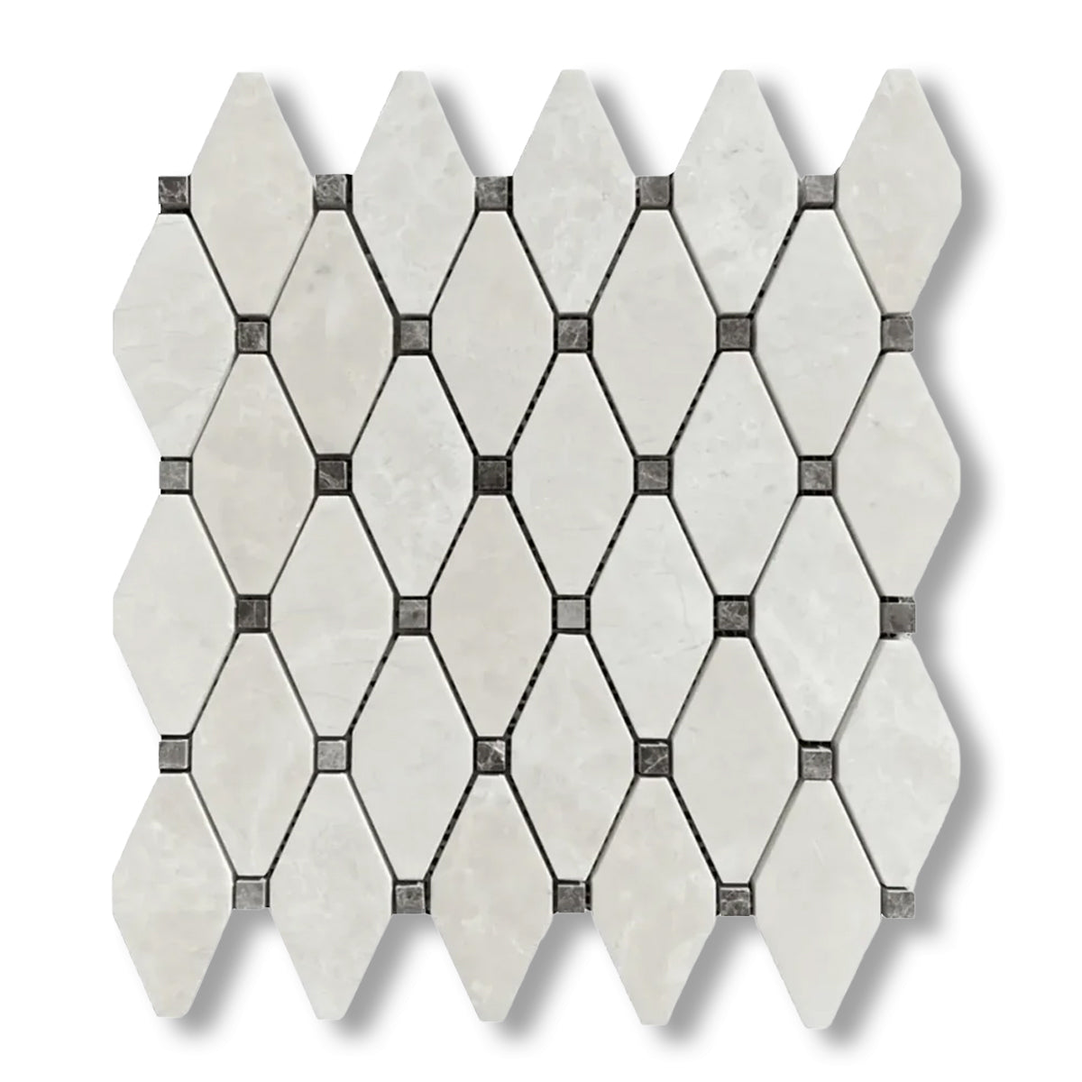 White Pearl / Botticino Marble Polished Octave Mosaic Tile w/ Emperador Dark Dots - American Tile Depot