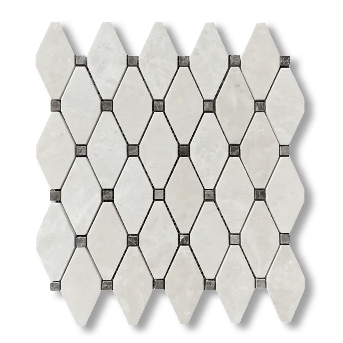 White Pearl / Botticino Marble Polished Octave Mosaic Tile w/ Emperador Dark Dots - American Tile Depot