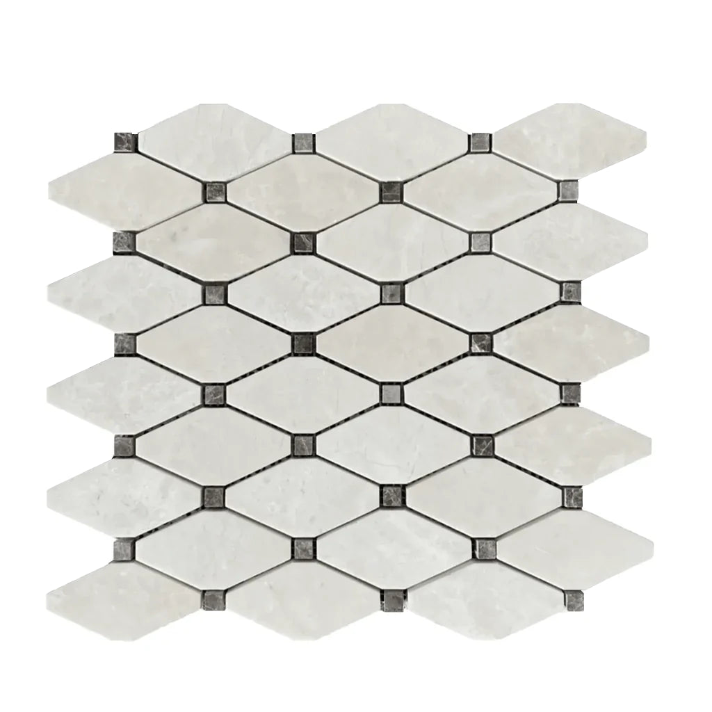 White Pearl / Botticino Marble Polished Octave Mosaic Tile w/ Emperador Dark Dots White Pearl / Botticino Marble Polished Octave Mosaic Tile w/ Emperador Dark Dots - American Tile Depot
