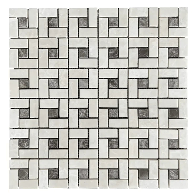 White Pearl / Botticino Marble Polished Pinwheel Mosaic Tile w/ Emperador Dark Dots White Pearl / Botticino Marble Polished Pinwheel Mosaic Tile w/ Emperador Dark Dots - American Tile Depot