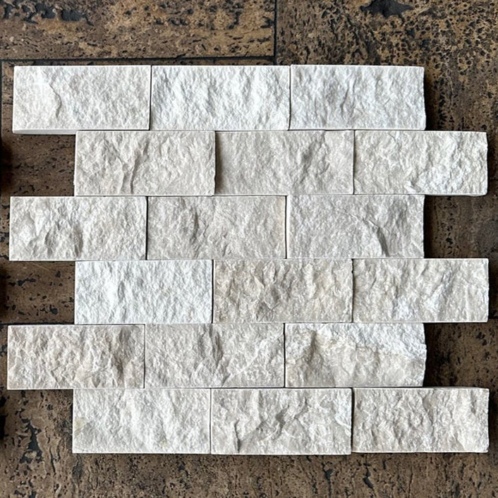 2x4 White Pearl / Botticino Marble Split-Faced Mosaic Tile