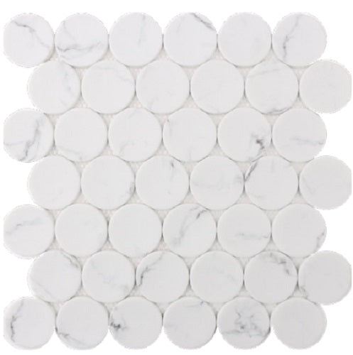 Mineralis White Statuary Matte Penny Stone & Glass Mosaic Tile-American Tile Depot