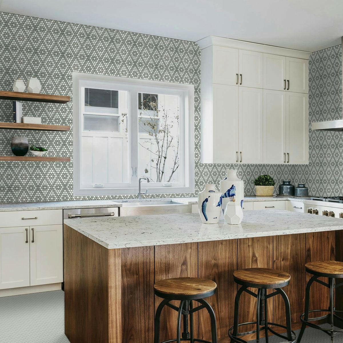 Array Gray & White Porcelain Matte Penny Round Mosaic Tile-American Tile Depot