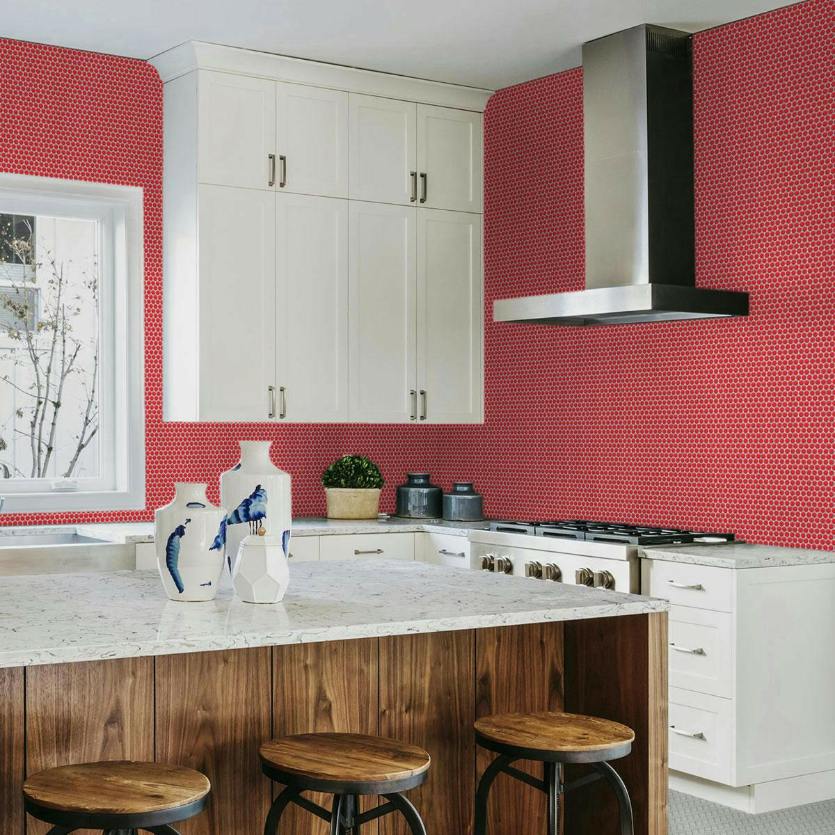 Array Red Pepper Glossy Penny Round Porcelain Mosaic Tile - American Tile Depot