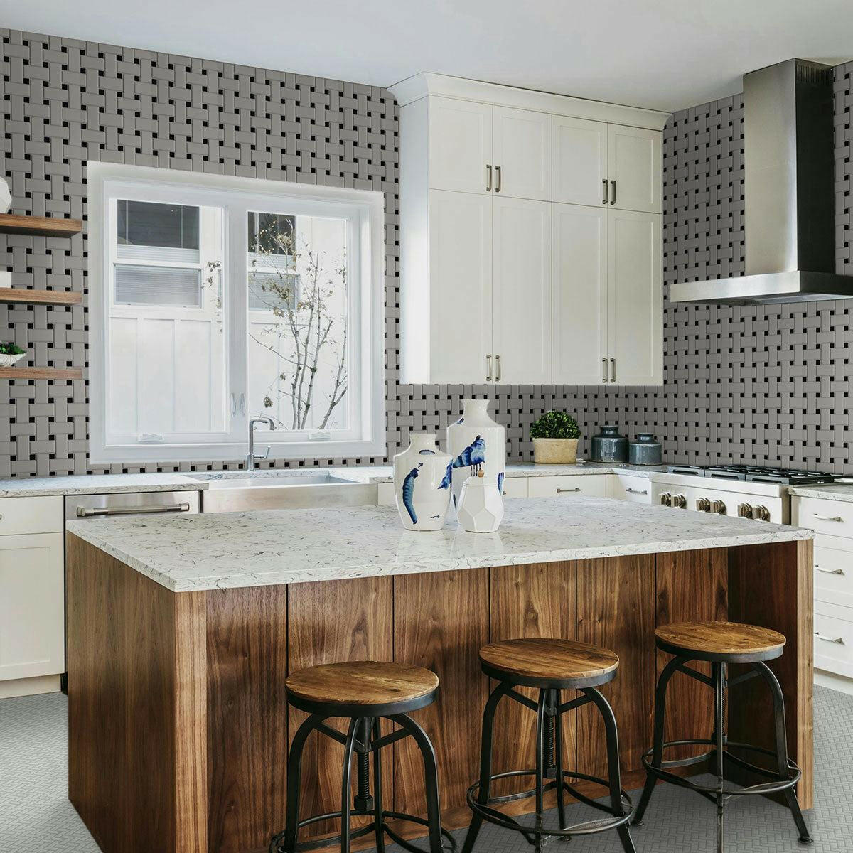 Array White & Black Porcelain Matte Basketweave Mosaic Tile-American Tile Depot