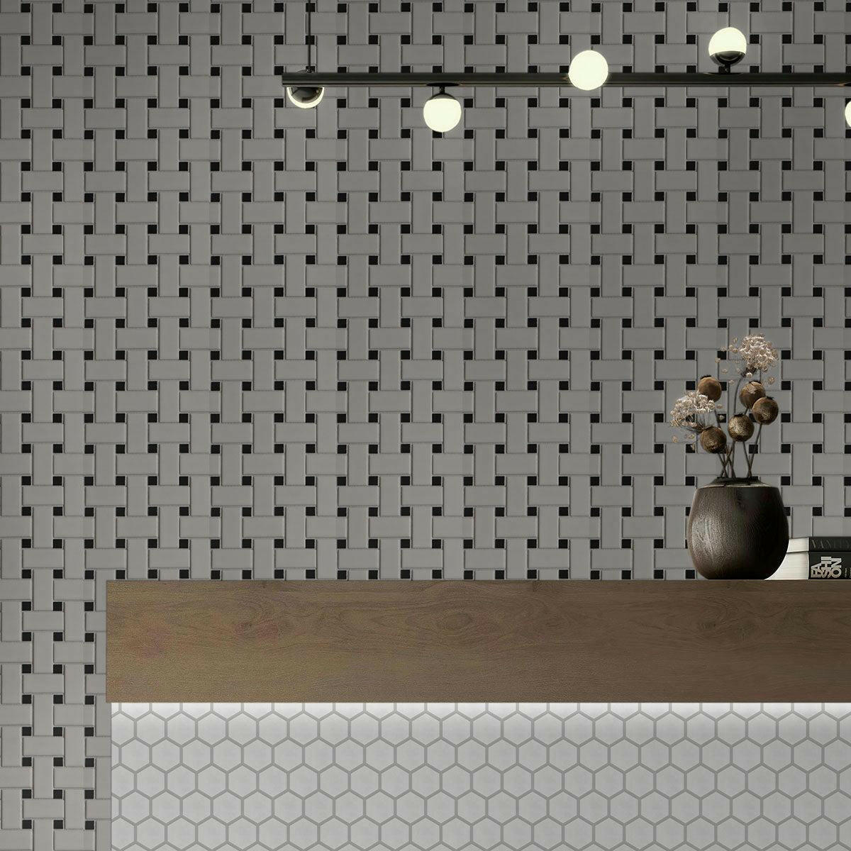 Array White & Black Porcelain Matte Basketweave Mosaic Tile-American Tile Depot