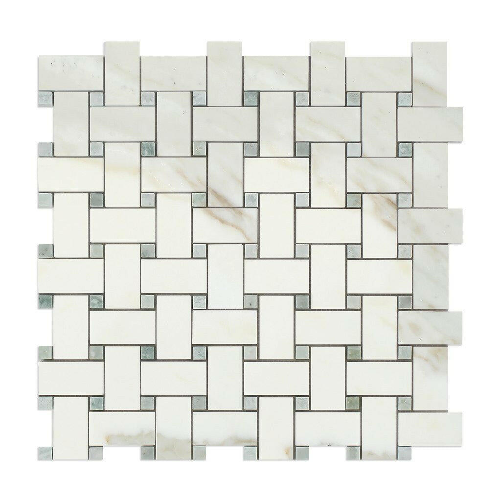 Calacatta Gold Marble Polished Basketweave Mosaic Tile w/ Ming-Green Dots-American Tile Depot